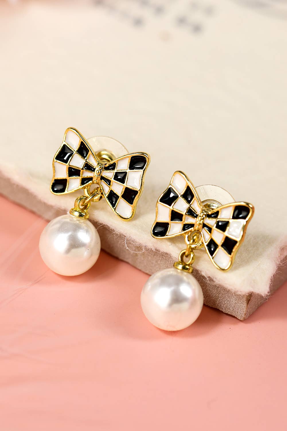 Checkered Bow Knot Pearl Earrings