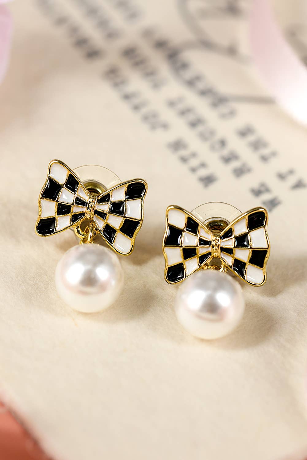 Checkered Bow Knot Pearl Earrings