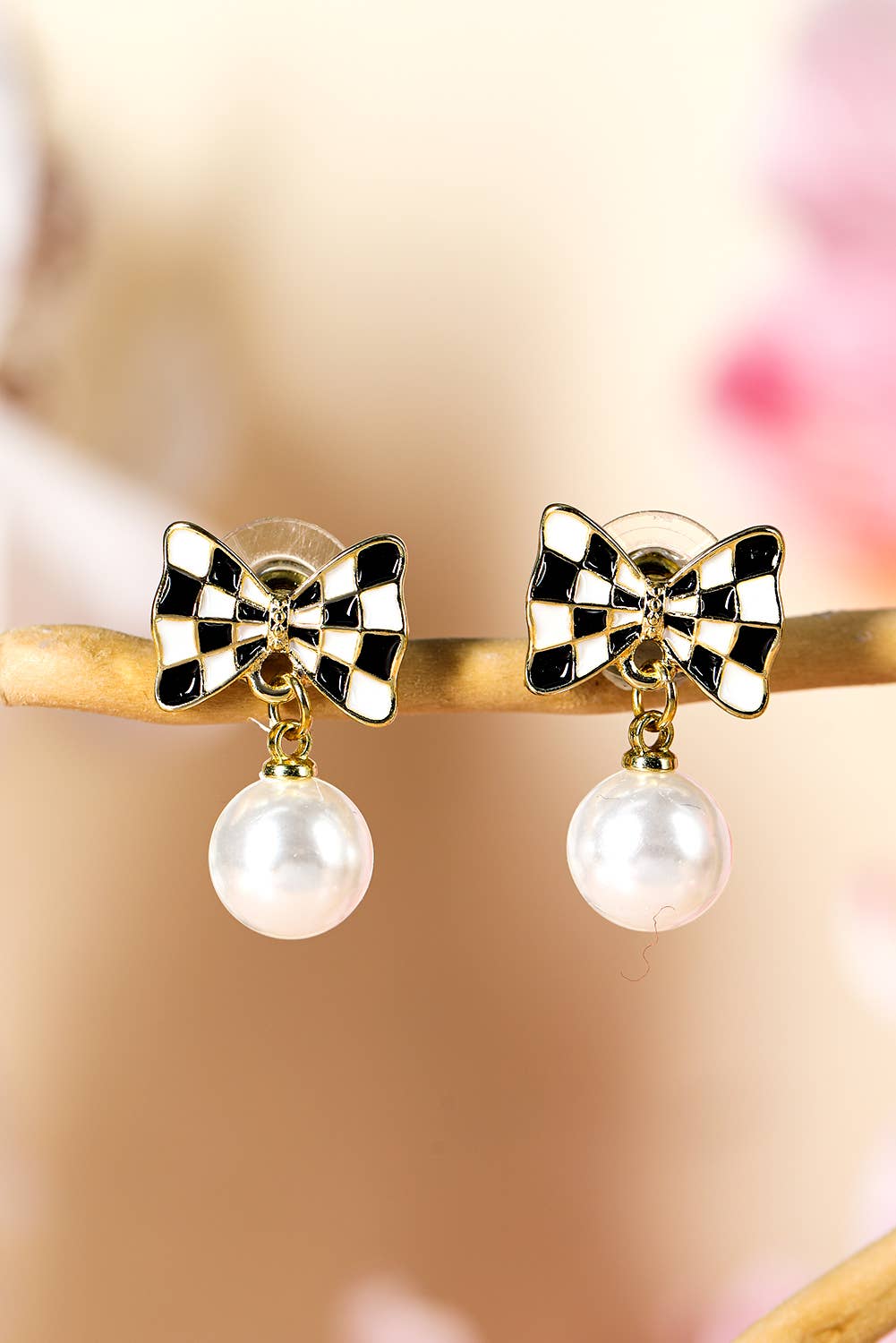 Checkered Bow Knot Pearl Earrings