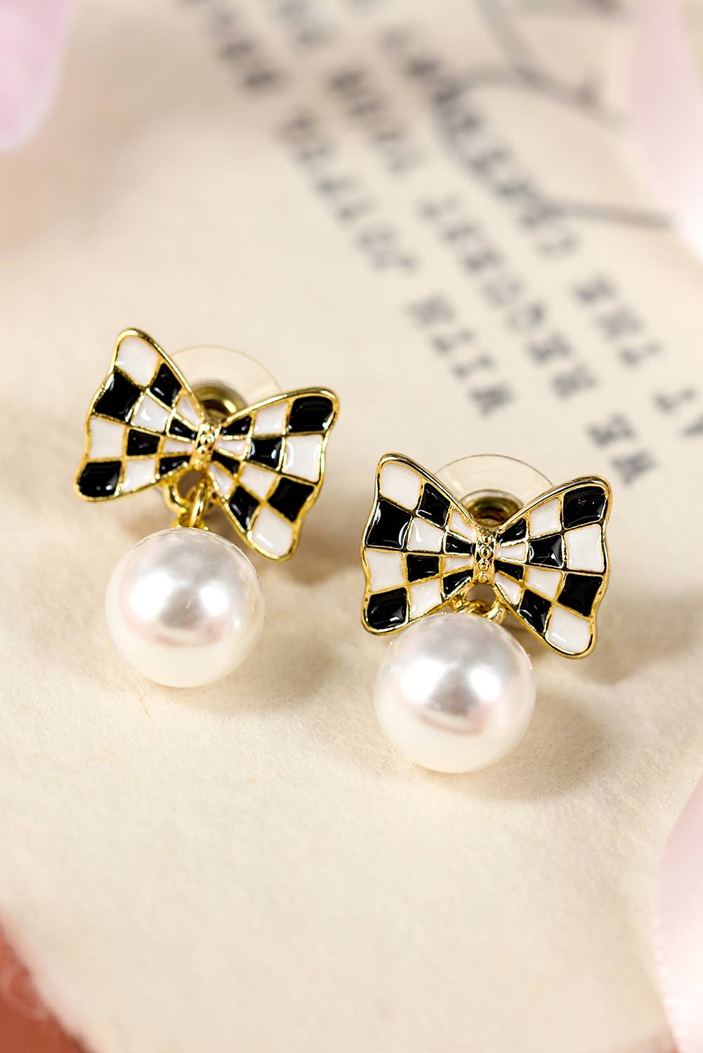 Checkered Bow Knot Pearl Earrings