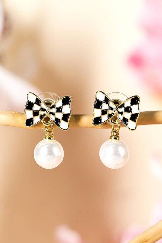 Checkered Bow Knot Pearl  Earrings
